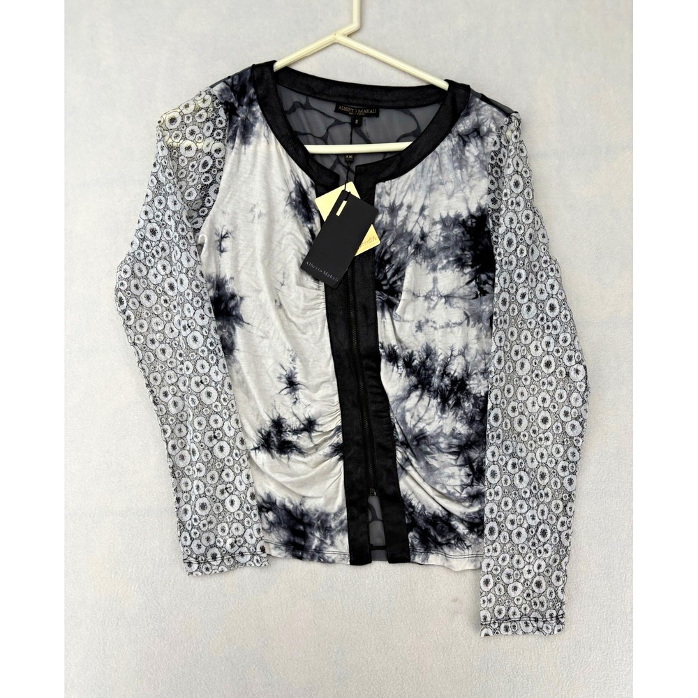 Alberto Makali Black/White Tie-Dye Mesh Zip Blouse Long Sleeve Women's S